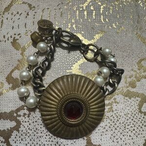 RUBY MAE Gold and Pearl Bracelet with Red Accent
